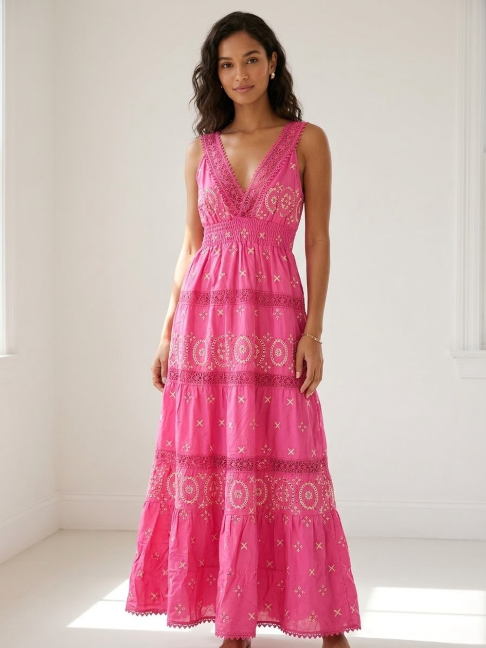 Pink Embroidered V-Neck Maxi Dress